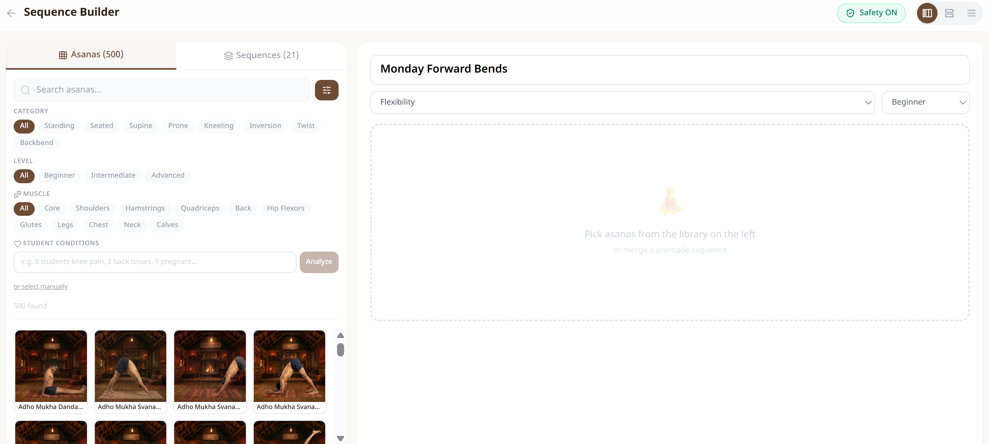 Filter by category, level, muscle & student conditions